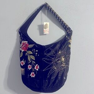 Johnny Was Velvet Floral Embroidered Black Hobo Bag. NWT dry clean only